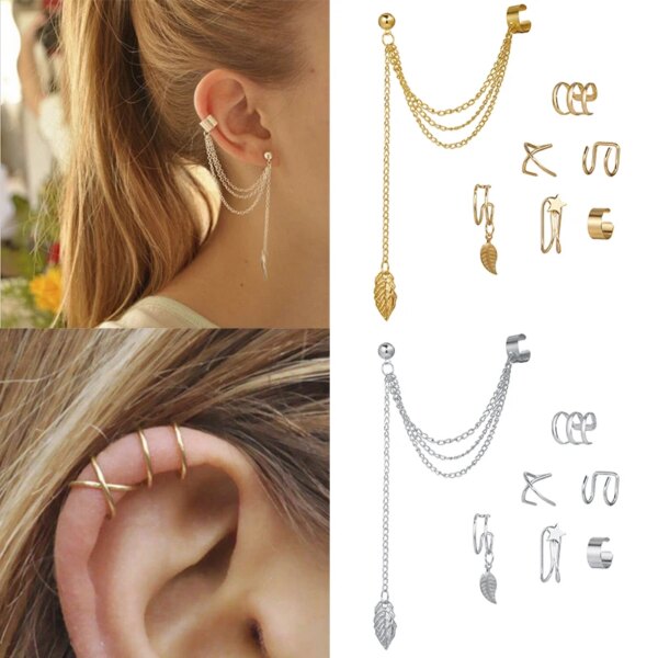 boucle d'oreille femme en Forme de Feuilles Argentées, Ensemble Créatif et Simple, Manchette d'Oreille en Forme de C
