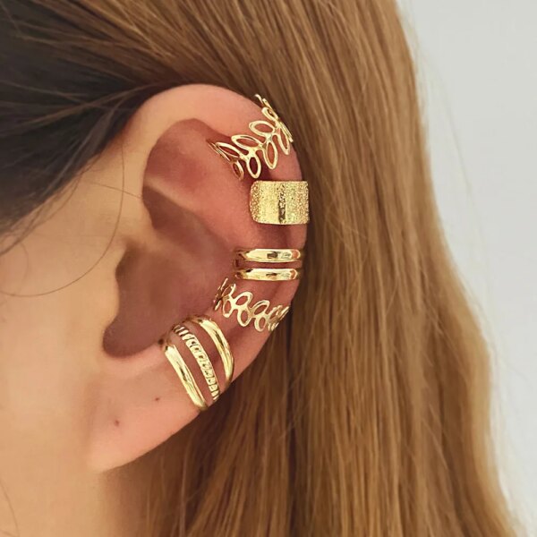 boucle d'oreille femme en Forme de Feuilles Argentées, Ensemble Créatif et Simple, Manchette d'Oreille en Forme de C