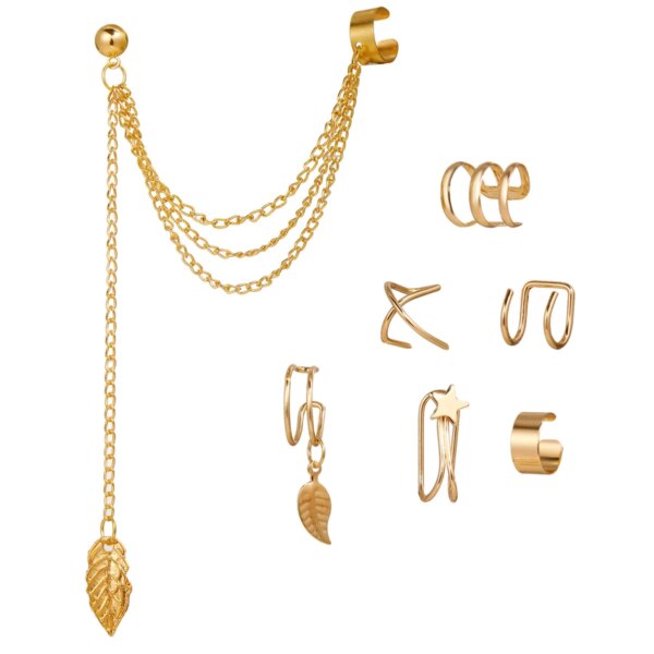 boucle d'oreille femme en Forme de Feuilles Argentées, Ensemble Créatif et Simple, Manchette d'Oreille en Forme de C