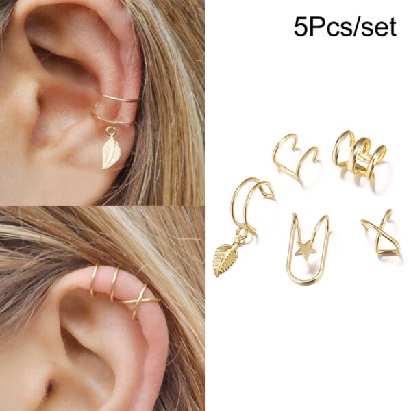 boucle d'oreille femme en Forme de Feuilles Argentées, Ensemble Créatif et Simple, Manchette d'Oreille en Forme de C