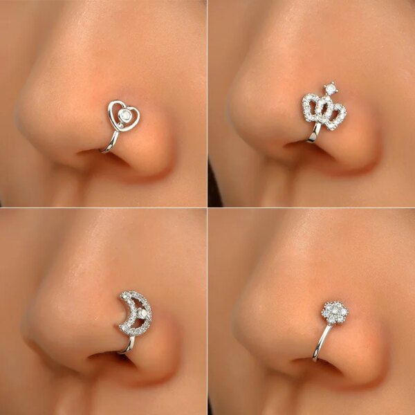 boucle d'oreille femme anneau de nez en cuivre Zircon sans perçage, cœur, étoile, couronne, Clip sur le nez