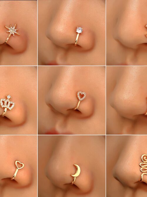 boucle d'oreille femme anneau de nez en cuivre Zircon sans perçage, cœur, étoile, couronne, Clip sur le nez