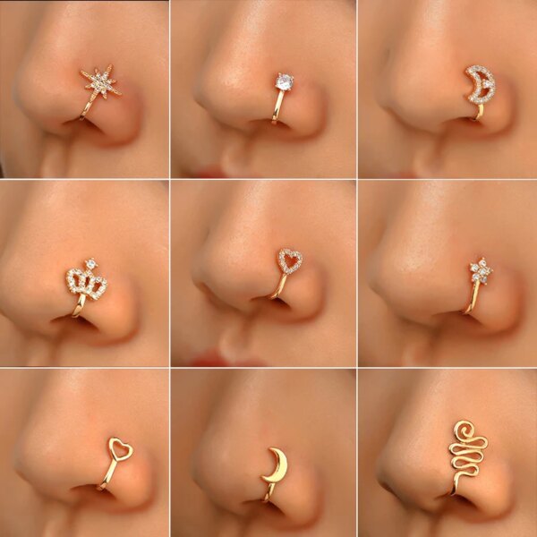 boucle d'oreille femme anneau de nez en cuivre Zircon sans perçage, cœur, étoile, couronne, Clip sur le nez