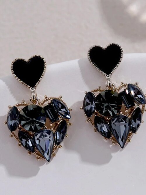boucle d'oreille femme Vintage en forme de cœur pour femmes, bijoux mignons en cristal noir