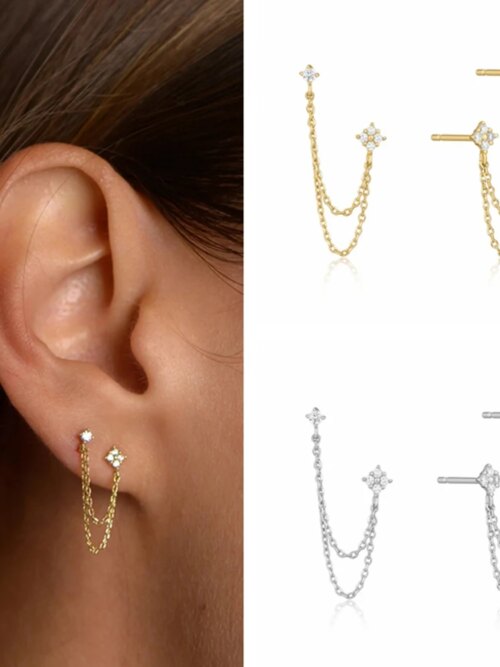 boucle d'oreille femme à Double clou d'oreille, chaînes à pampilles pour femmes, Piercing d'oreille, 3 couleurs en métal