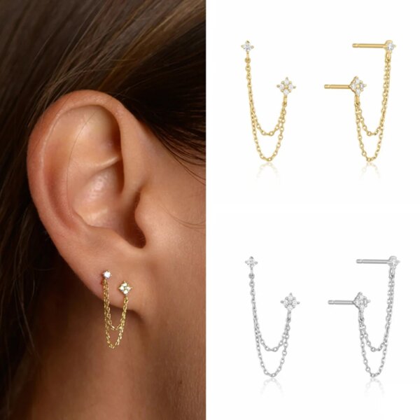 boucle d'oreille femme à Double clou d'oreille, chaînes à pampilles pour femmes, Piercing d'oreille, 3 couleurs en métal