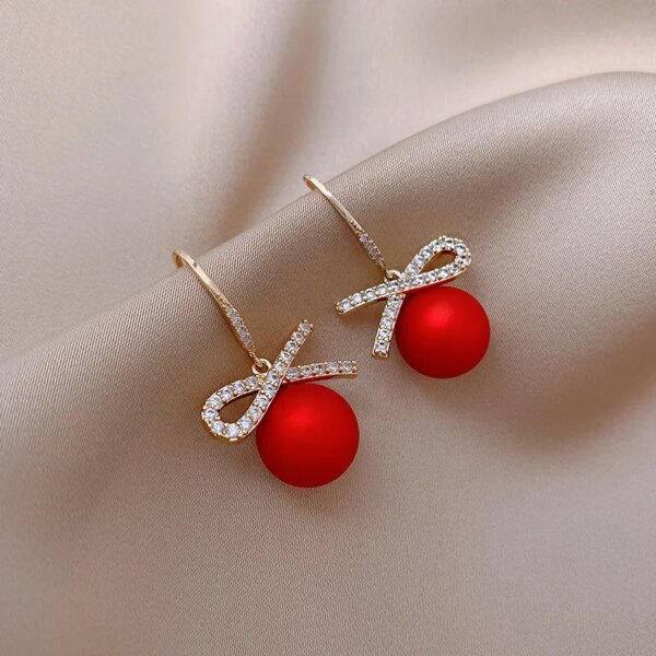 boucle d'oreille femme à nœud papillon en cristal pour femmes, en Zircon, perle rouge, cœur, bijoux de noël, nouvel an, Festival, cadeaux