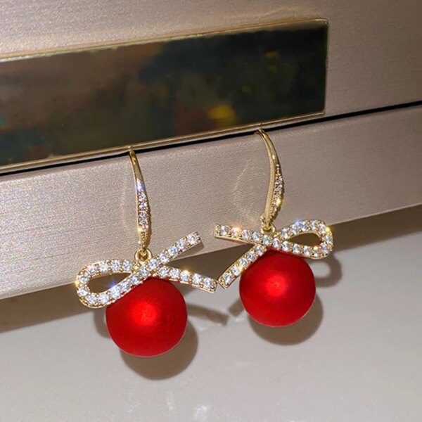 boucle d'oreille femme à nœud papillon en cristal pour femmes, en Zircon, perle rouge, cœur, bijoux de noël, nouvel an, Festival, cadeaux
