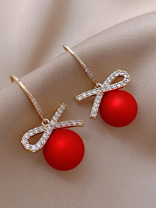 boucle d'oreille femme à nœud papillon en cristal pour femmes, en Zircon, perle rouge, cœur, bijoux de noël, nouvel an, Festival, cadeaux