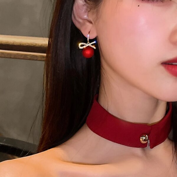 boucle d'oreille femme à nœud papillon en cristal pour femmes, en Zircon, perle rouge, cœur, bijoux de noël, nouvel an, Festival, cadeaux