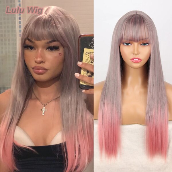 Perruque synthétique longue lisse rouge vin avec frange