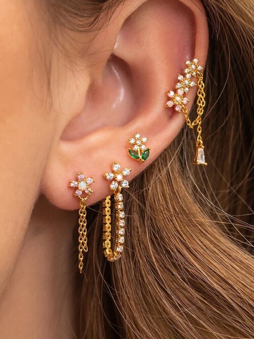boucle d'oreille femme en acier inoxydable Zircon fleur chaîne pendentif boucles d'oreilles coréen Long
