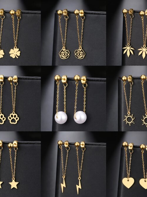 boucle d'oreille femme en acier inoxydable, chaîne Simple, perle, étoile ronde, feuille d'érable