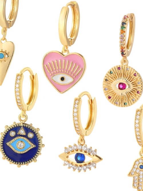 boucle d'oreille femme cœur et mauvais œil turc bleu pour femmes, couleur or véritable
