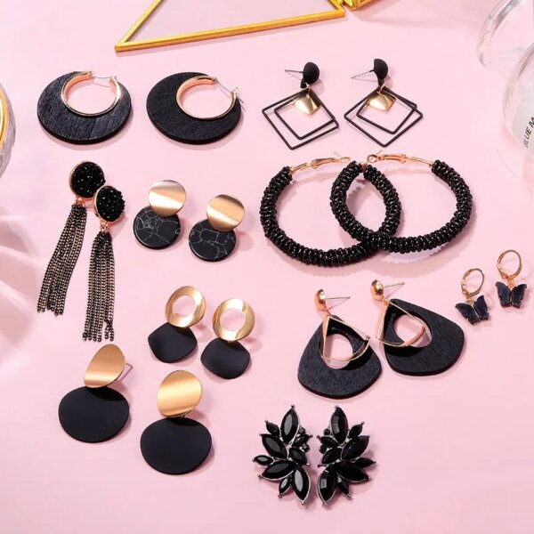 boucle d'oreille femme de déclaration coréenne pour femmes, noir mignon arcylique géométrique Dangle pendants