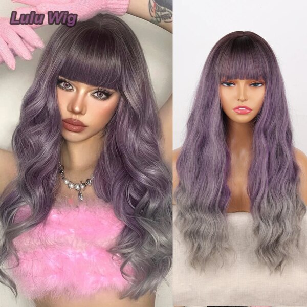 Perruque synthétique longue lisse rouge vin avec frange