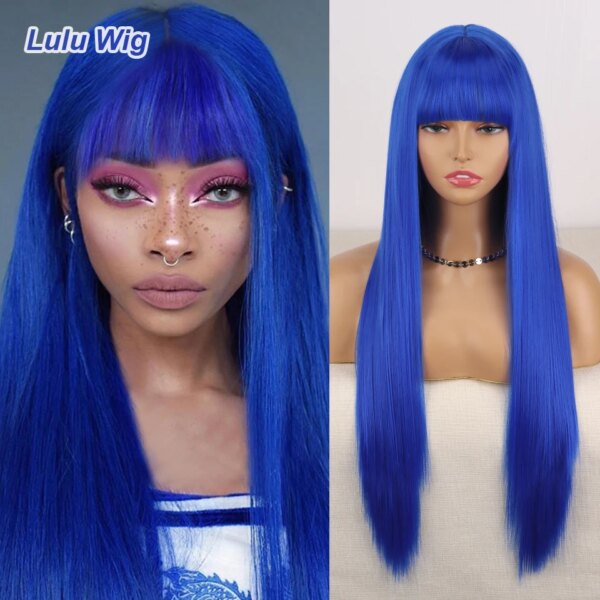 Perruque synthétique longue lisse rouge vin avec frange