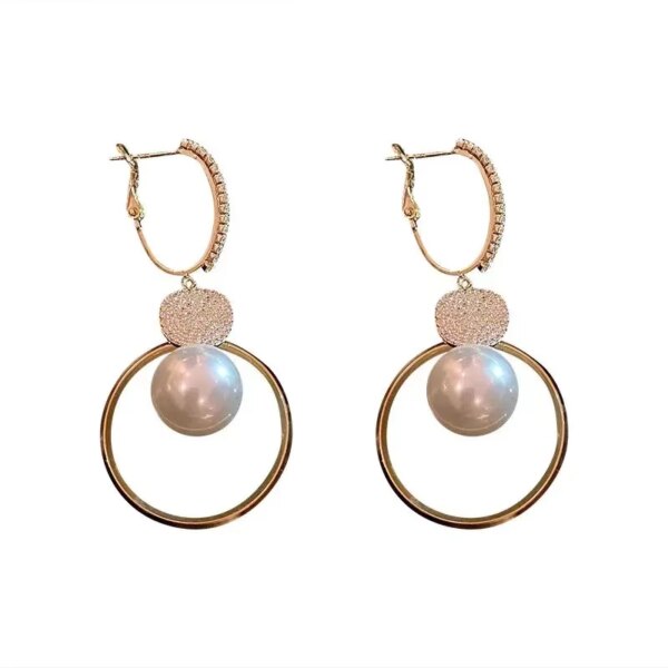 boucle d'oreille femme Coréennes Surdimensionnées à Perle Blanche, Bijoux de Mariage en Zircon Rond Doré de Style Bohème