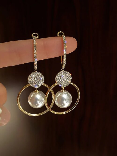 boucle d'oreille femme Coréennes Surdimensionnées à Perle Blanche, Bijoux de Mariage en Zircon Rond Doré de Style Bohème