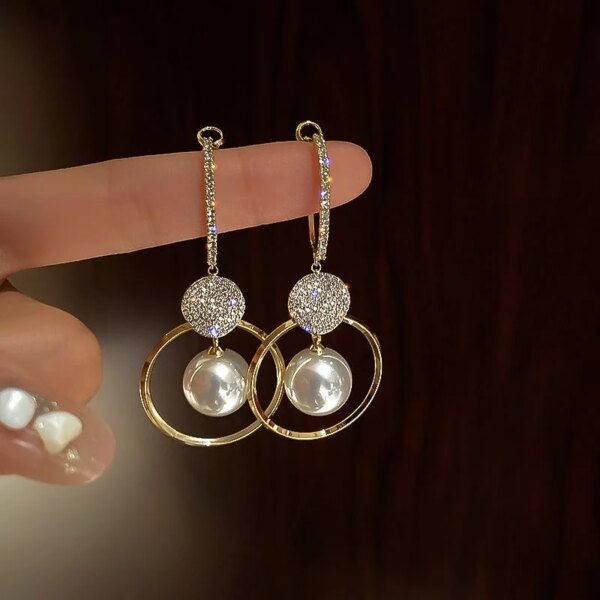 boucle d'oreille femme Coréennes Surdimensionnées à Perle Blanche, Bijoux de Mariage en Zircon Rond Doré de Style Bohème