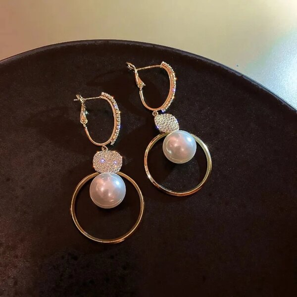 boucle d'oreille femme Coréennes Surdimensionnées à Perle Blanche, Bijoux de Mariage en Zircon Rond Doré de Style Bohème
