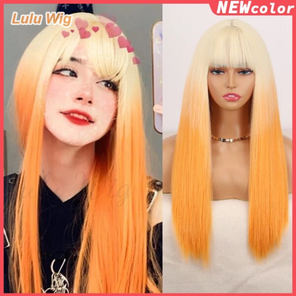 Perruque synthétique longue lisse rouge vin avec frange