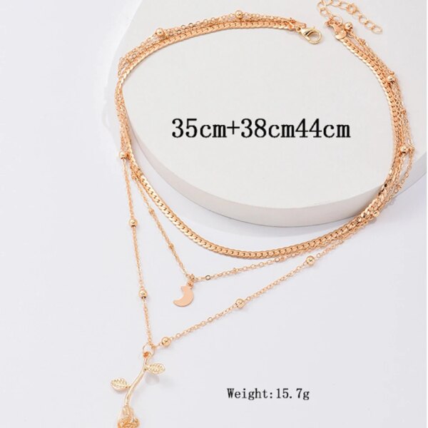 Collier femme bohèmes multicouches de couleur or et lune pour femmes, collier ras du cou avec fleur de Rose