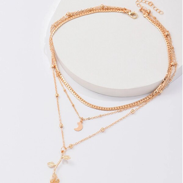 Collier femme bohèmes multicouches de couleur or et lune pour femmes, collier ras du cou avec fleur de Rose