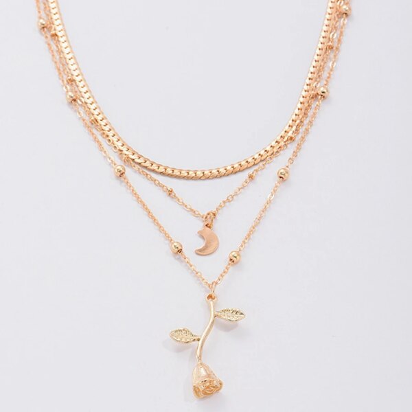 Collier femme bohèmes multicouches de couleur or et lune pour femmes, collier ras du cou avec fleur de Rose