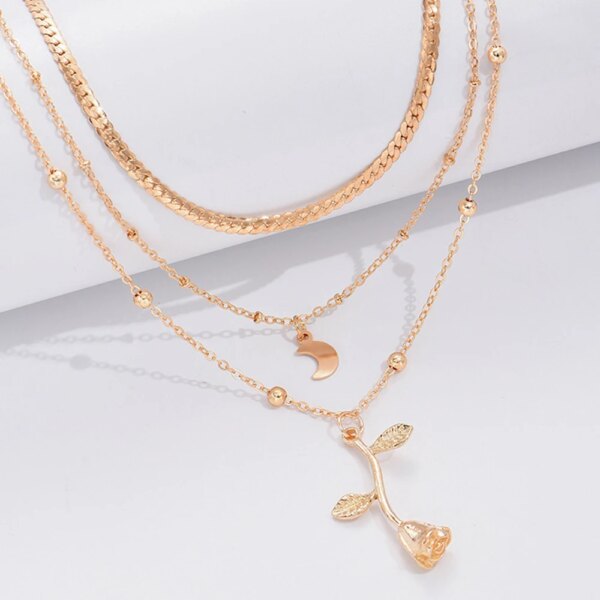 Collier femme bohèmes multicouches de couleur or et lune pour femmes, collier ras du cou avec fleur de Rose