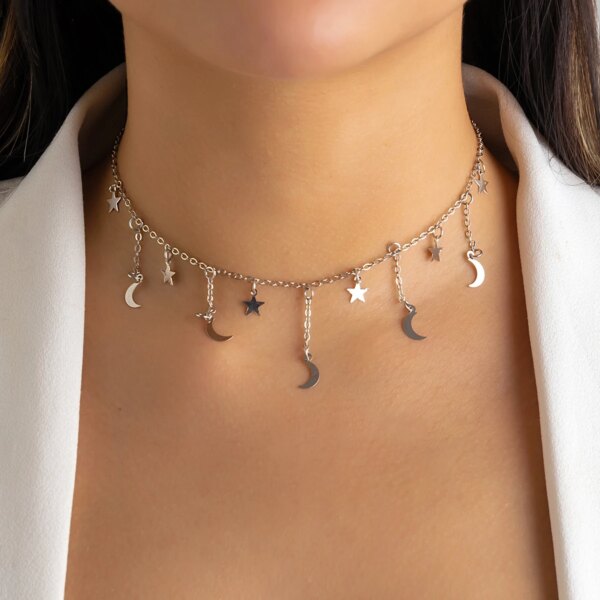 Collier femme avec pendentif étoile et lune pour femmes, chaîne à maillons, couleur or