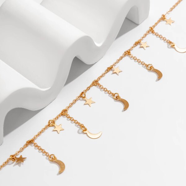 Collier femme avec pendentif étoile et lune pour femmes, chaîne à maillons, couleur or
