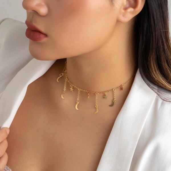 Collier femme avec pendentif étoile et lune pour femmes, chaîne à maillons, couleur or