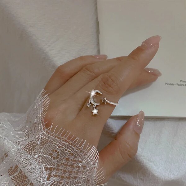 Bague fantaisie femme en argent Sterling 925 avec pompon lune pour femme