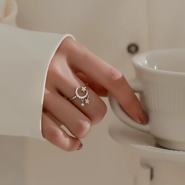 Bague fantaisie femme en argent Sterling 925 avec pompon lune pour femme