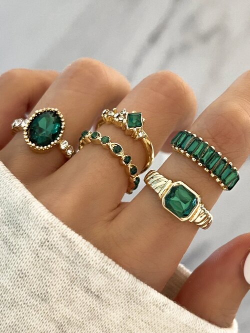 Bague fantaisie femme ensemble de bagues en cristal vert pour femmes, plaqué or