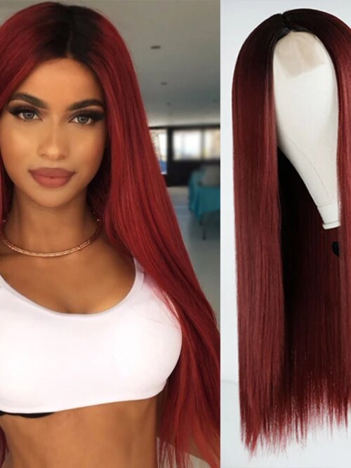 Perruque synthétique longue lisse rouge vin pour femmes