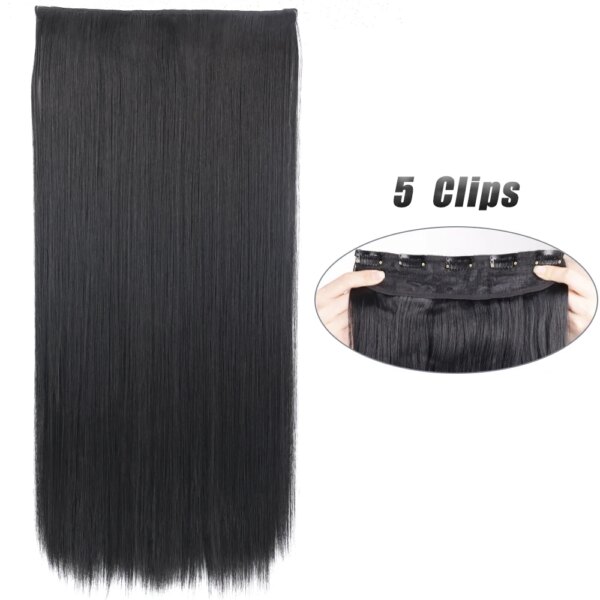 Extension cheveux synthétiques à 5 clips, postiche longue et lisse