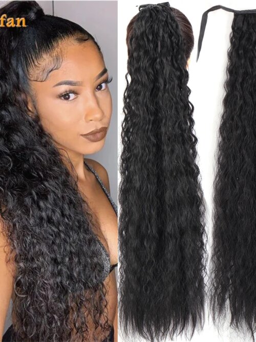 extension cheveux synthétiques, postiche Afro longue, crépue et bouclée, queue de cheval avec pince à cordon