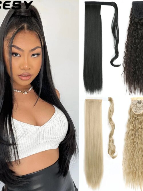 extension cheveux Synthétiques, Queue de Cheval Longue et Lisse