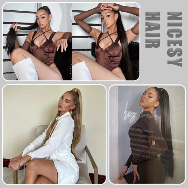 extension cheveux Synthétiques, Queue de Cheval Longue et Lisse