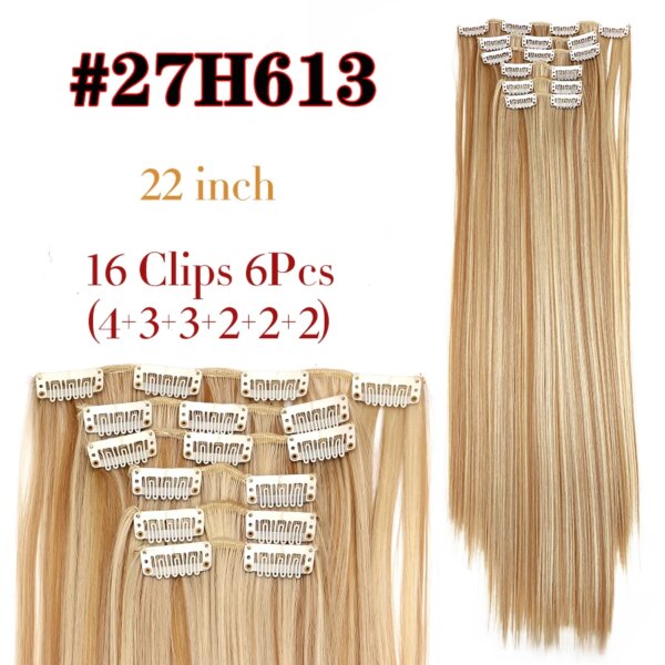 extension cheveux synthétiques à Clips, postiche lisse de 22 pouces