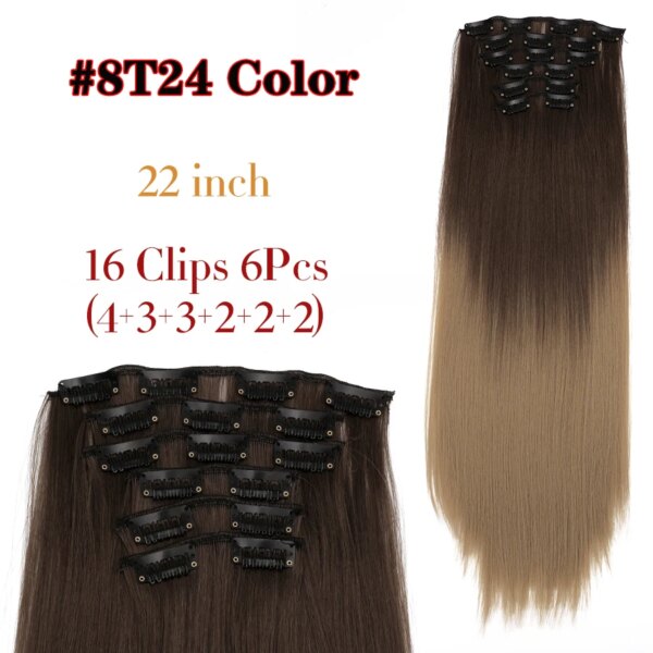 extension cheveux synthétiques à Clips, postiche lisse de 22 pouces