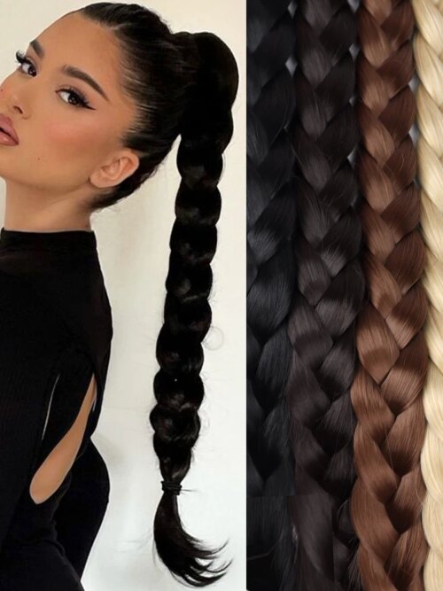 extension cheveux synthétique longue queue de cheval tressée 34 pouces pour femmes