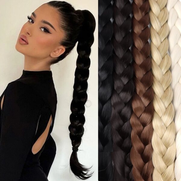 extension cheveux synthétique longue queue de cheval tressée 34 pouces pour femmes