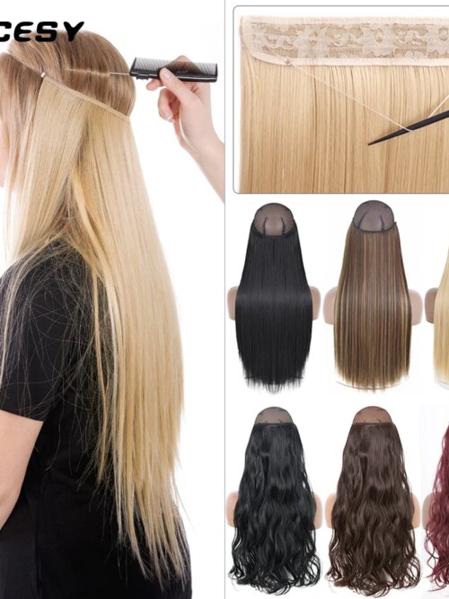 Extension cheveux synthétiques sans Clips, fil Invisible