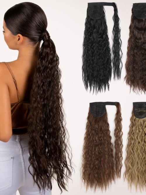 extension cheveux synthétique longue queue de cheval ondulée avec pince à cheveux