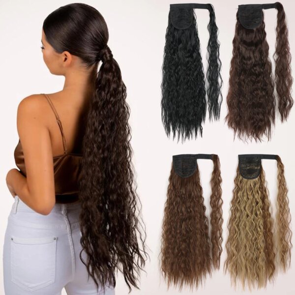 extension cheveux synthétique longue queue de cheval ondulée avec pince à cheveux
