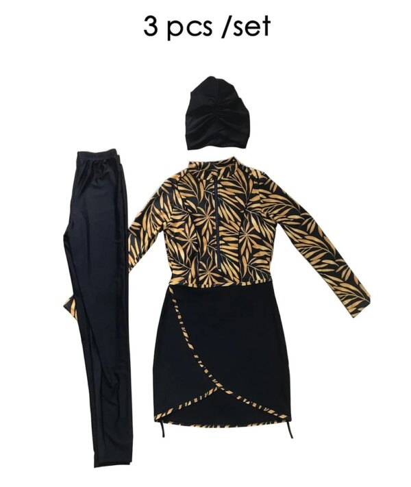 Maillot de bain musulman 3 pièces, Patchwork modeste, Hijab à manches longues, Sport islamique, burkini, avec coussinet de poitrine