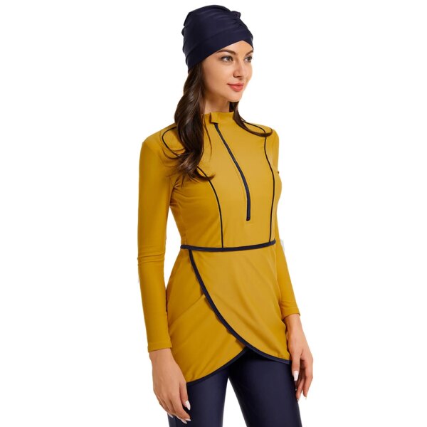 Maillot de bain musulman 3 pièces, Patchwork modeste, Hijab à manches longues, Sport islamique, burkini, avec coussinet de poitrine